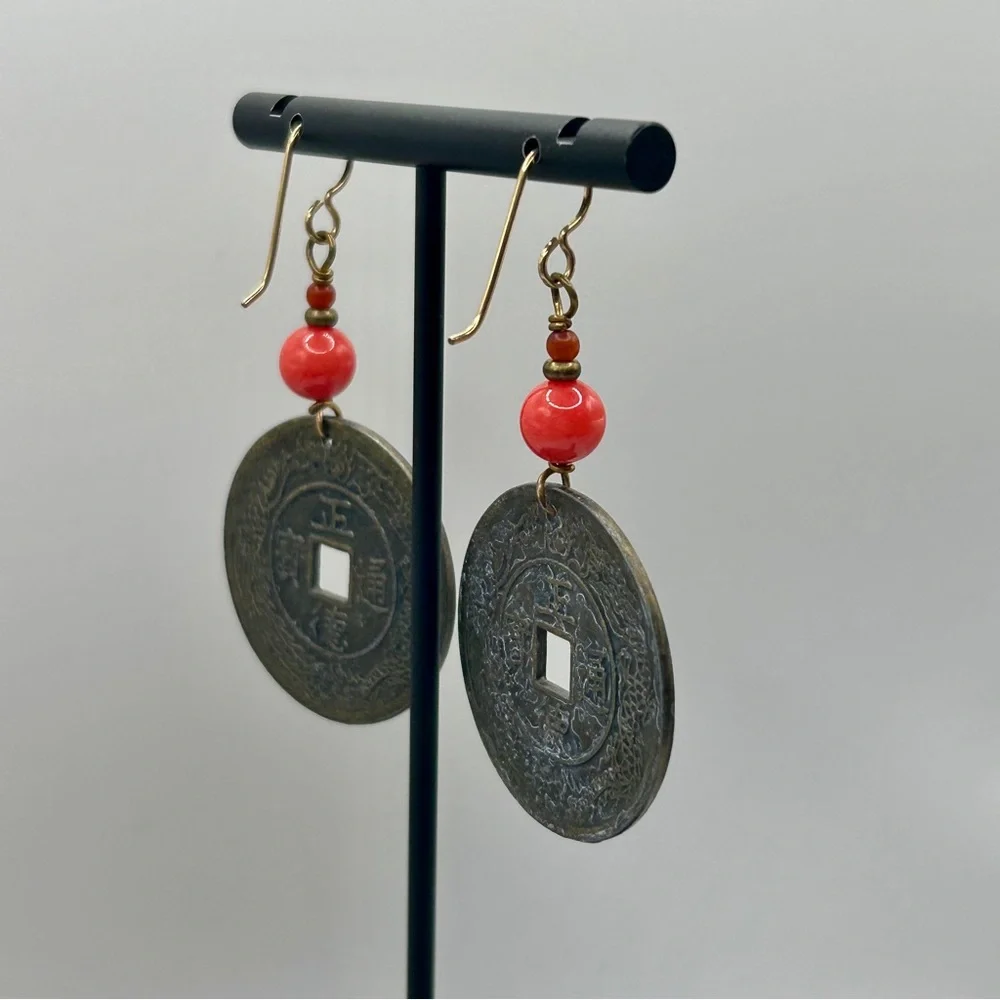 Vintage Asian Charm Coin Dangle Earrings
